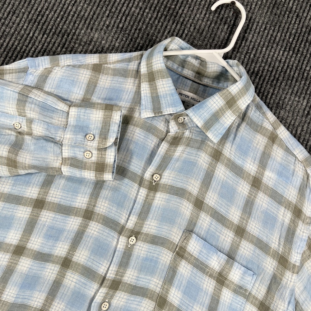 Peter Millar Shirt Mens Medium Blue Plaid Long Sleeve Button Up 100% Linen